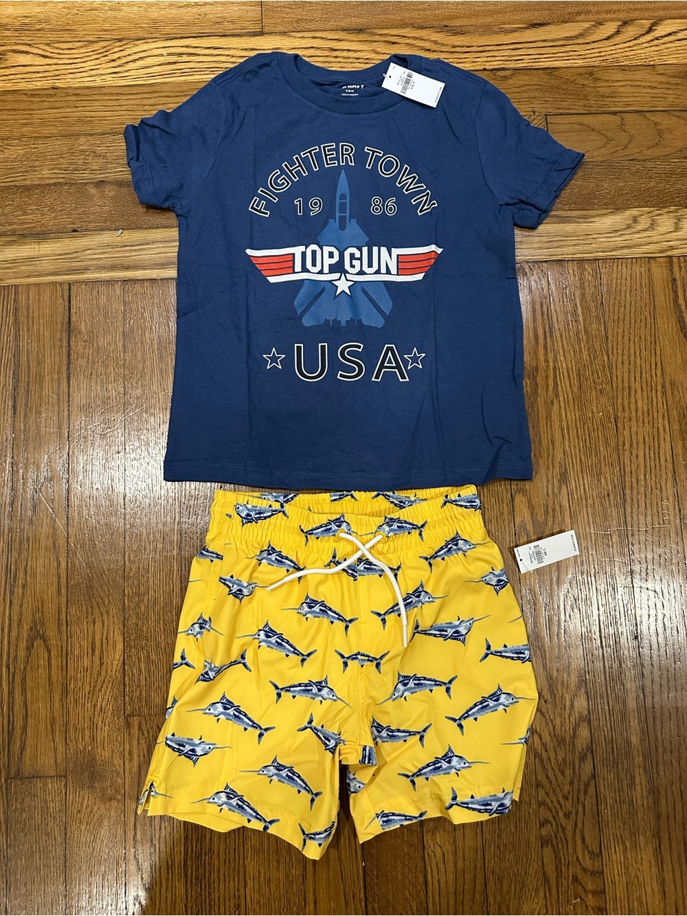 Old Navy Navy Blue Top Gun Tee & Yellow Shark Print Shorts